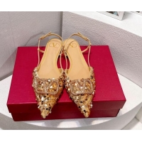 Best Product Valentino Crystal VLogo Slingbacks Flat in Shiny Sequins Beige 330047