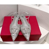 Good Quality Valentino Crystal VLogo Slingbacks Flat in Shiny Sequins Silver 330049