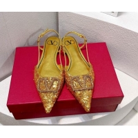 Good Looking Valentino Crystal VLogo Slingbacks Flat in Shiny Sequins Gold 330050