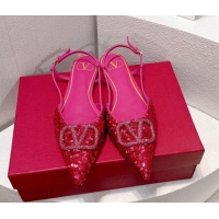 Popular Style Valentino Crystal VLogo Slingbacks Flat in Shiny Sequins Dark Pink 330051