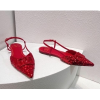 Low Price Valentino Crystal VLogo Slingbacks Flat in Shiny Sequins Red 330052