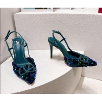 Good Product Valentino Crystal VLogo Slingbacks Pumps in Shiny Sequins Blue/Green 330056