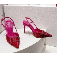 Super Quality Valentino Crystal VLogo Slingbacks Pumps in Shiny Sequins Dark Pink 330066