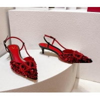 Top Grade Valentino Crystal VLogo Slingback Pumps 4cm in Shiny Sequins Red/Black 330070