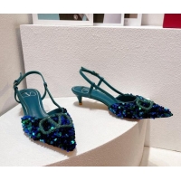 Low Price Valentino Crystal VLogo Slingback Pumps 4cm in Shiny Sequins Blue/Green 330071