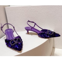 Best Price Valentino Crystal VLogo Slingback Pumps 4cm in Shiny Sequins Purple 330072