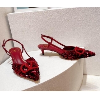 Pretty Style Valentino Crystal VLogo Slingback Pumps 4cm in Shiny Sequins Dark Red 330075