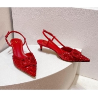 Stylish Valentino Crystal VLogo Slingback Pumps 4cm in Shiny Sequins Red 330083