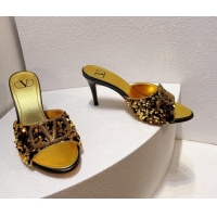 Sophisticated Valentino Crystal VLogo Slide Sandals 8cm in Shiny Sequins Black/Gold 330084