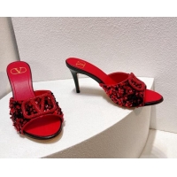 Top Design Valentino Crystal VLogo Slide Sandals 8cm in Shiny Sequins Red/Black 330085