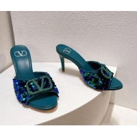 Duplicate Valentino Crystal VLogo Slide Sandals 8cm in Shiny Sequins Blue/Green 330086