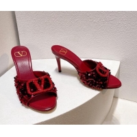 Good Product Valentino Crystal VLogo Slide Sandals 8cm in Shiny Sequins Dark Red 330087