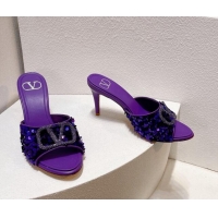 Sophisticated Valentino Crystal VLogo Slide Sandals 8cm in Shiny Sequins Purple 330088