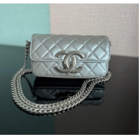 Famous Brand Chanel MINI FLAP BAG Lambskin & silver-Tone Metal AS3207 silver