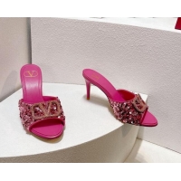 Grade Quality Valentino Crystal VLogo Slide Sandals 8cm in Shiny Sequins Light Pink 330091