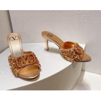 Good Product Valentino Crystal VLogo Slide Sandals 8cm in Shiny Sequins Gold 330092