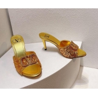 Charming Valentino Crystal VLogo Slide Sandals 8cm in Shiny Sequins Yellow Gold 330094