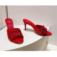 Best Price Valentino Crystal VLogo Slide Sandals 8cm in Shiny Sequins Red 330096