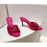 Discount Valentino Crystal VLogo Slide Sandals 8cm in Shiny Sequins Dark Pink 330095