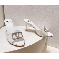 Unique Style Valentino Crystal VLogo Slide Sandals 8cm in Shiny Sequins White 330097