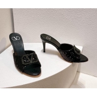 Best Product Valentino Crystal VLogo Slide Sandals 8cm in Shiny Sequins Black 330098