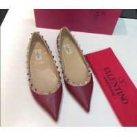 Luxury Discount Valentino Rockstud Lambskin Flat Ballerinas Burgundy 330104