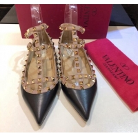 Classic Hot Valentino Rockstud Lambskin Ballerinas with Double Straps Black 330105