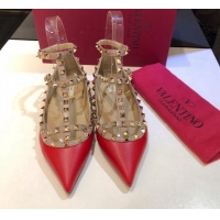 Good Quality Valentino Rockstud Lambskin Ballerinas with Double Straps Red 330106