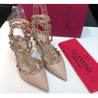 Cheap Valentino Rockstud Lambskin Medium Heel Pumps 6.5cm with Three Straps Nude 330112