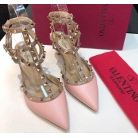 Grade Quality Valentino Rockstud Lambskin Medium Heel Pumps 6.5cm with Three Straps Pink 330113