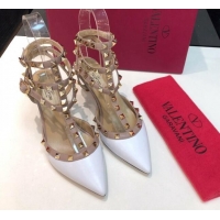 Fashion Valentino Rockstud Lambskin Medium Heel Pumps 6.5cm with Three Straps White 330114