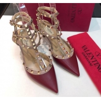 Best Price Valentino Rockstud Lambskin Medium Heel Pumps 6.5cm with Three Straps Burgundy 330115