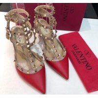 Discount Valentino Rockstud Lambskin Medium Heel Pumps 6.5cm with Three Straps Red 330116