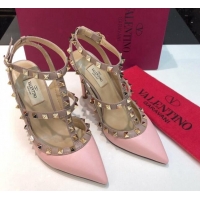 Top Grade Valentino Rockstud Lambskin High Heel Pumps 9.5cm with Double Straps Pink 330119