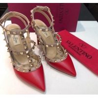 Perfect Valentino Rockstud Lambskin High Heel Pumps 9.5cm with Double Straps Red 330121