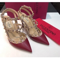 Low Price Valentino Rockstud Lambskin High Heel Pumps 9.5cm with Double Straps Burgundy 330122