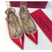 Low Price Valentino Rockstud Patent Leather Ballerinas with Double Straps Red 330127