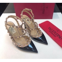 Best Price Valentino Rockstud Patent Leather High Heel Pumps 9.5cm with Double Straps Black 330129