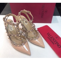 Top Design Valentino Rockstud Patent Leather High Heel Pumps 9.5cm with Double Straps Nude 330130