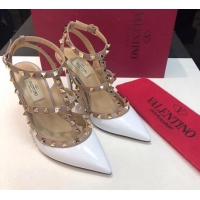 Good Product Valentino Rockstud Patent Leather High Heel Pumps 9.5cm with Double Straps White 330131