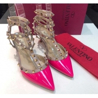 1:1 aaaaa Valentino Rockstud Patent Leather High Heel Pumps 9.5cm with Double Straps Dark Pink 330134