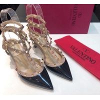 Top Design Valentino Rockstud Patent Leather Medium Heel Pumps 6.5cm with Three Straps Black 330135