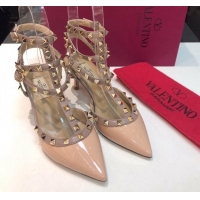 Good Looking Valentino Rockstud Patent Leather Medium Heel Pumps 6.5cm with Three Straps Nude 330136