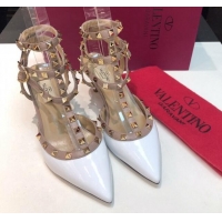 Best Product Valentino Rockstud Patent Leather Medium Heel Pumps 6.5cm with Three Straps White 330137