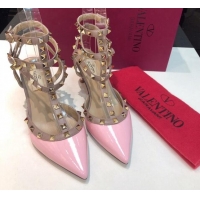 Pretty Style Valentino Rockstud Patent Leather Medium Heel Pumps 6.5cm with Three Straps Light Pink 330138