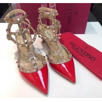 Popular Style Valentino Rockstud Patent Leather Medium Heel Pumps 6.5cm with Three Straps Red 330139