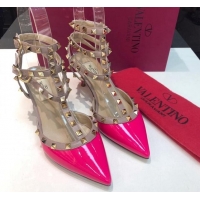 Good Product Valentino Rockstud Patent Leather Medium Heel Pumps 6.5cm with Three Straps Dark Pink 330140