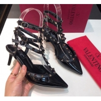 Best Grade Valentino Rockstud Patent Leather Medium Heel Pumps 6.5cm with Three Straps Black/Aged Silver 330141