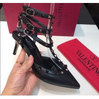 Top Grade Valentino Rockstud Lambskin Medium Heel Pumps 6.5cm with Three Straps Black/Aged Silver 330142