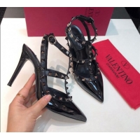 Durable Valentino Rockstud Patent Leather High Heel Pumps 9.5cm with Double Straps Black/Aged Silver 330143